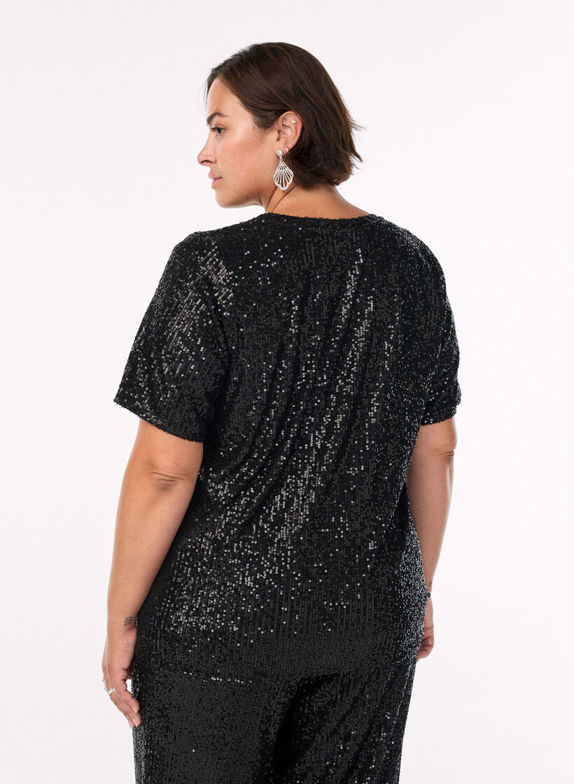 Sequin blouse met V-hals en korte mouwen, Zwart, Model image number 2