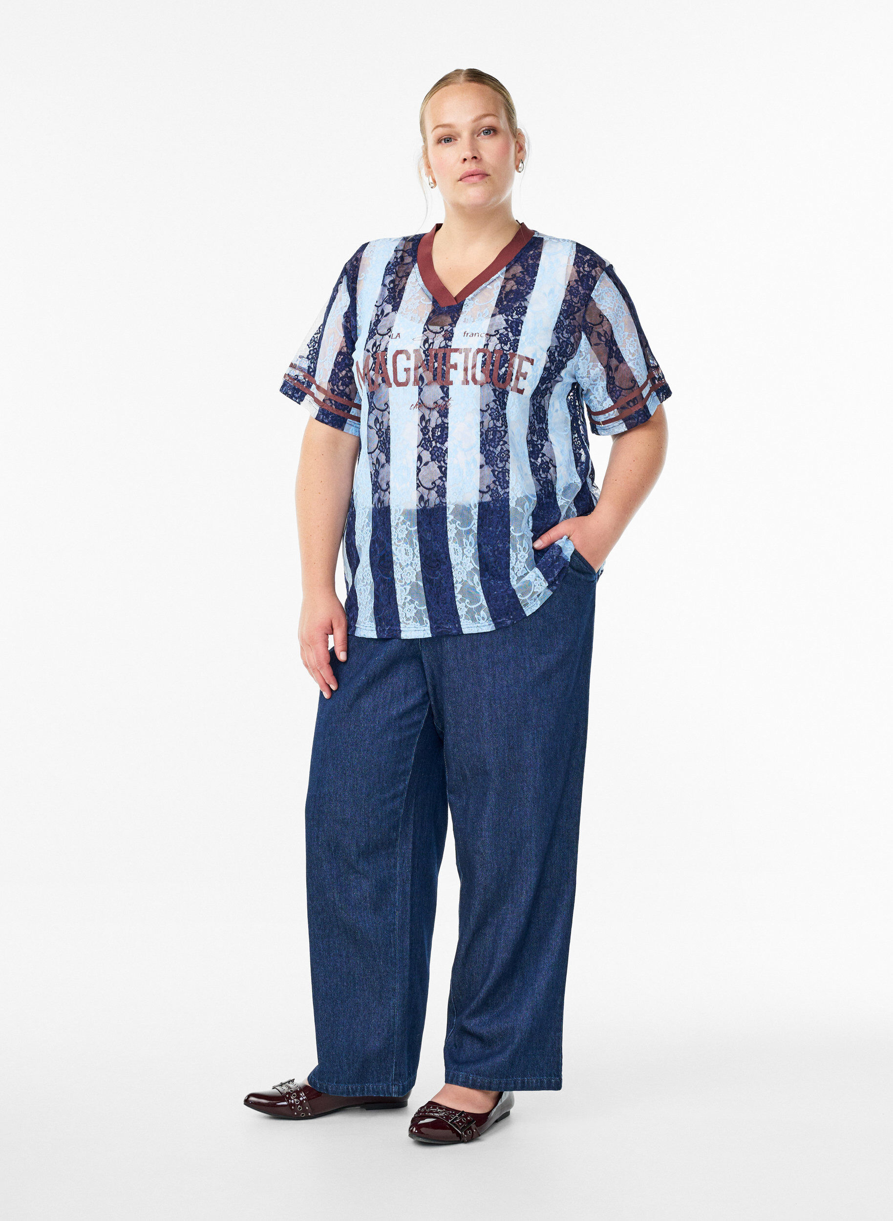 ZizziGestreepte kanten blouse met opvallende print, Blauw, Model image number 1