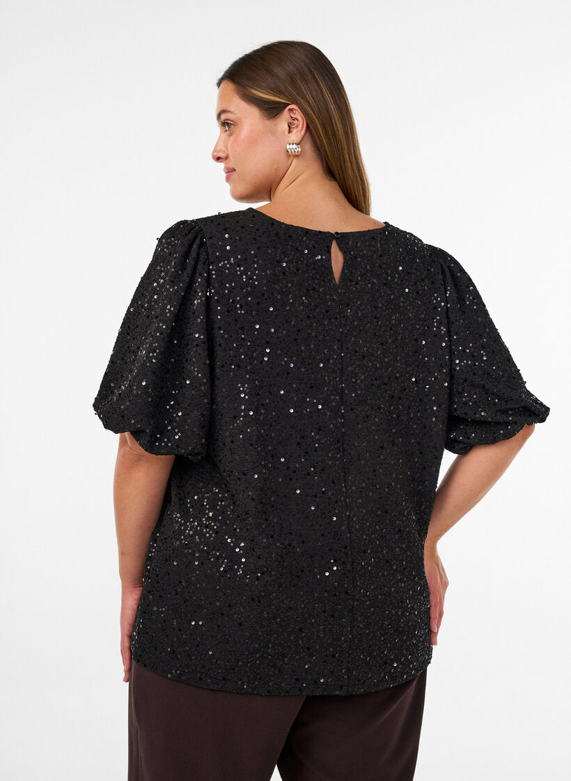 Blouse met pailletten en ballonmouwen, Zwart, Model image number 2