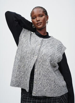 ZizziGebreid vest met patroon en decoratieve knopen, Medium Grey Melange, Image image number 0