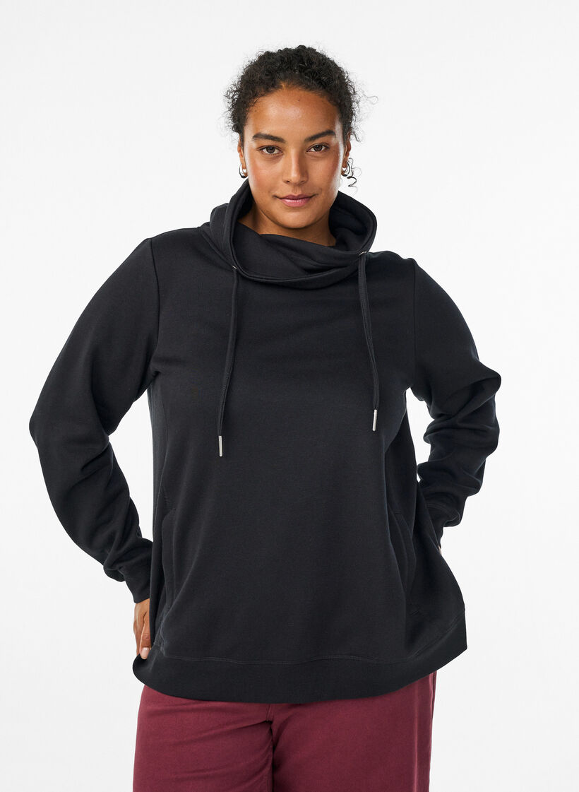 Sweatshirt met hoge kraag en zakken, Zwart, Model image number 0