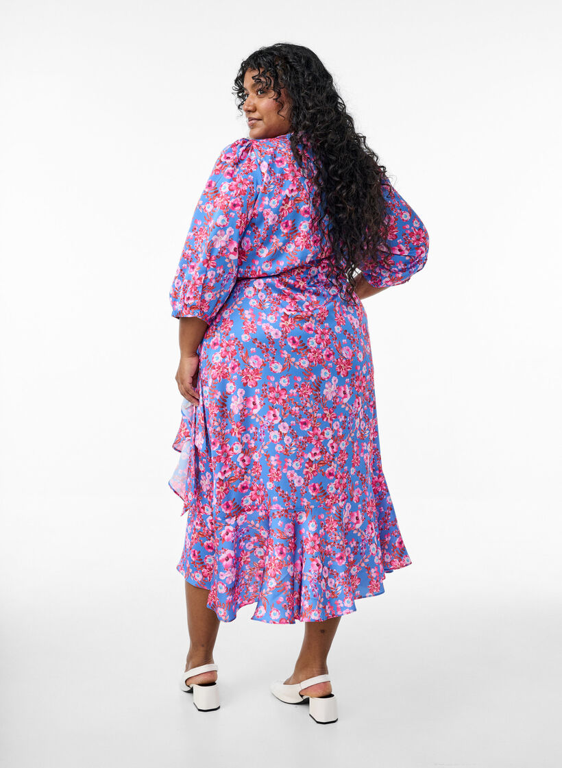 Omslagjurk met bloemenprint met 3/4 mouwen, Blue Pink Flower, Model