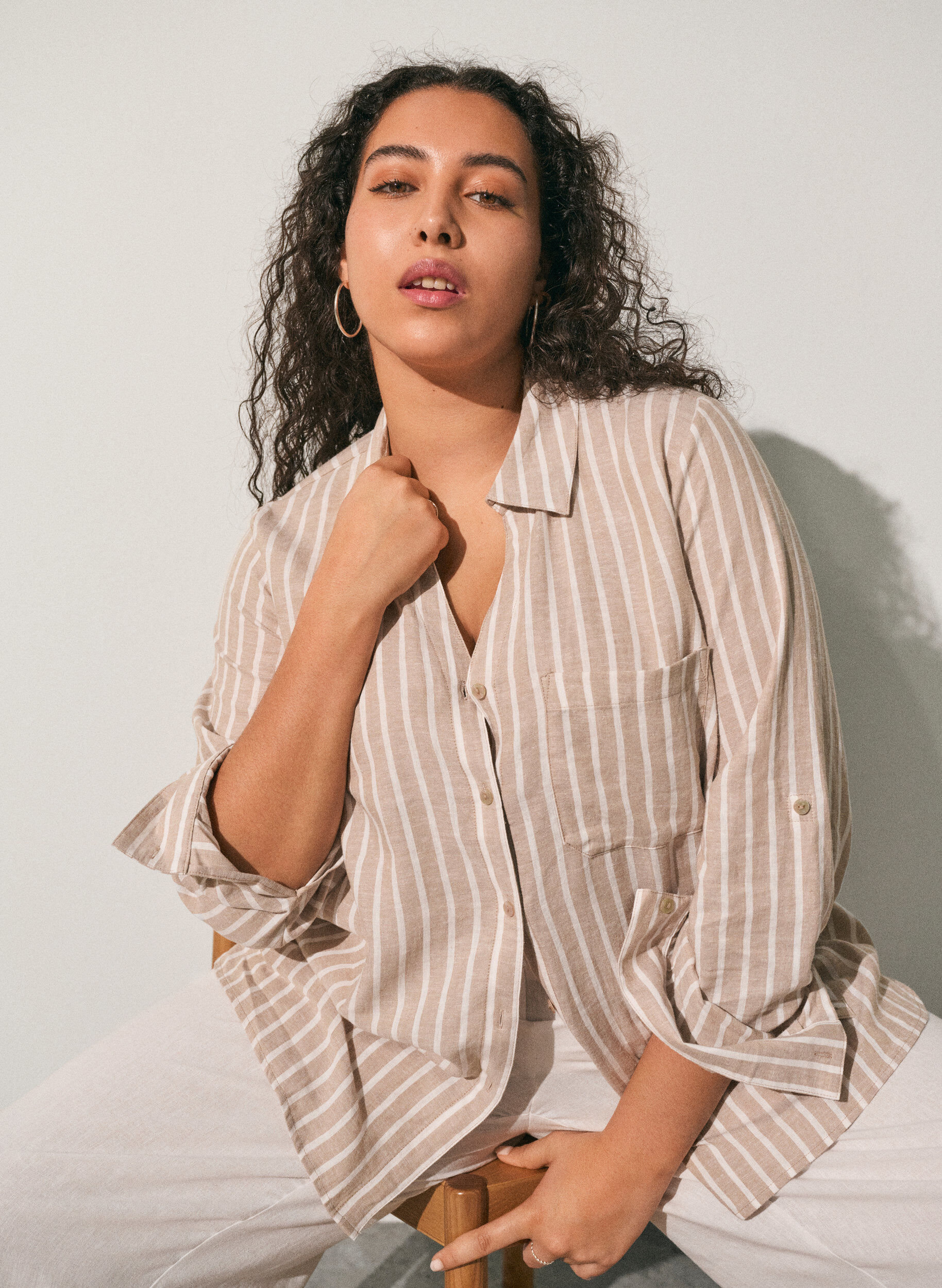 ZizziLinnen en viscose shirt met 3/4 mouwen, Beige, Image image number 0