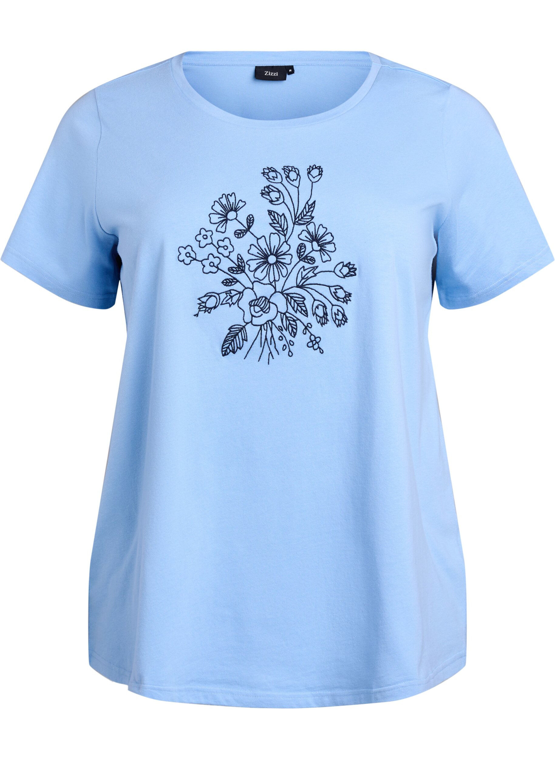 ZizziT-shirt in biologisch katoen met bloemenborduursel, Della R. Blue w. EMB, Packshot image number 0