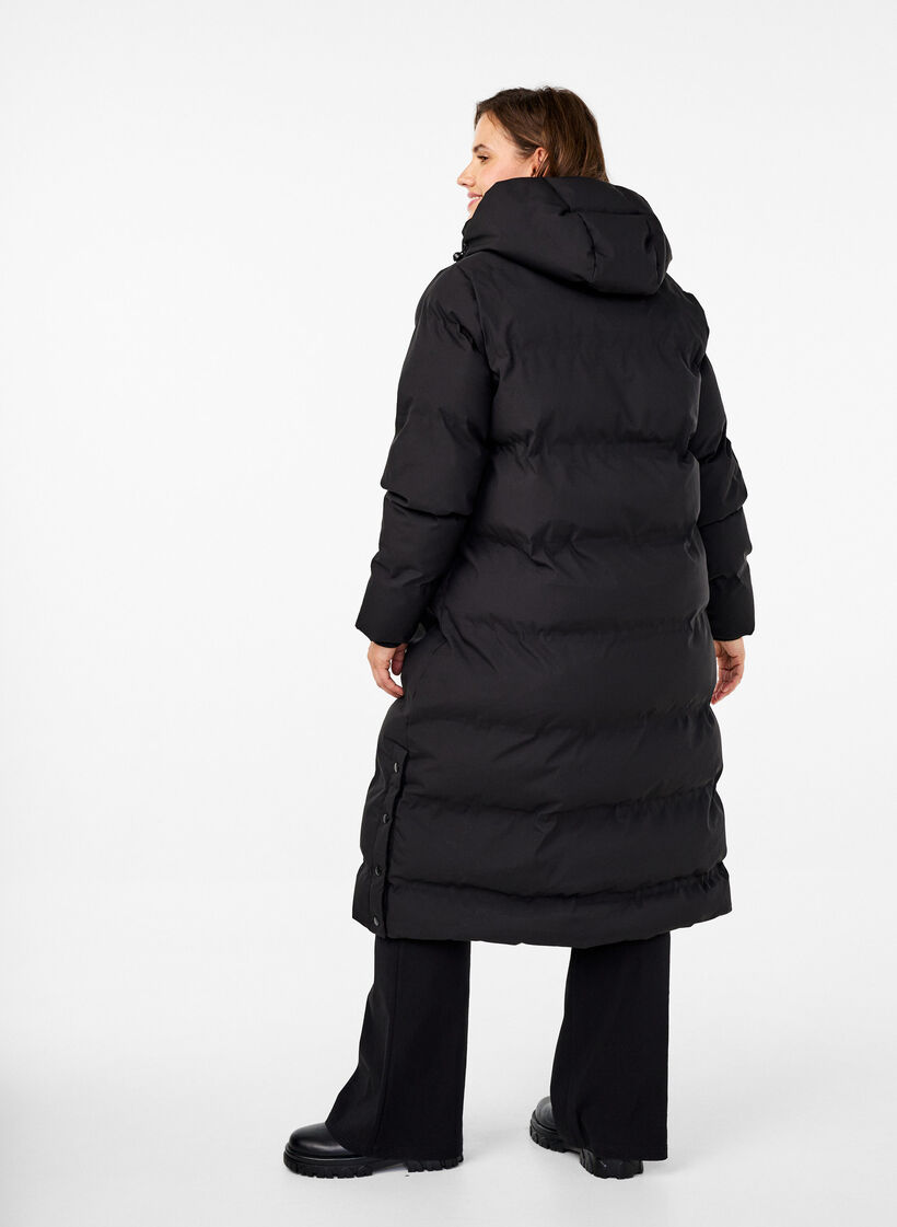 Lange puffer winterjas met capuchon, Zwart, Model image number 1