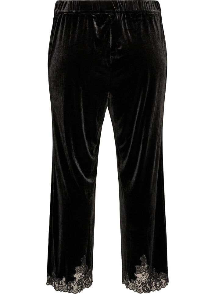 Fluwelen broek met kanten rand en wijde pijpen, Zwart, Packshot image number 1