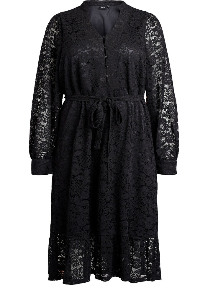 Kanten jurk met lange mouwen en een strikceintuur, Black, Packshot