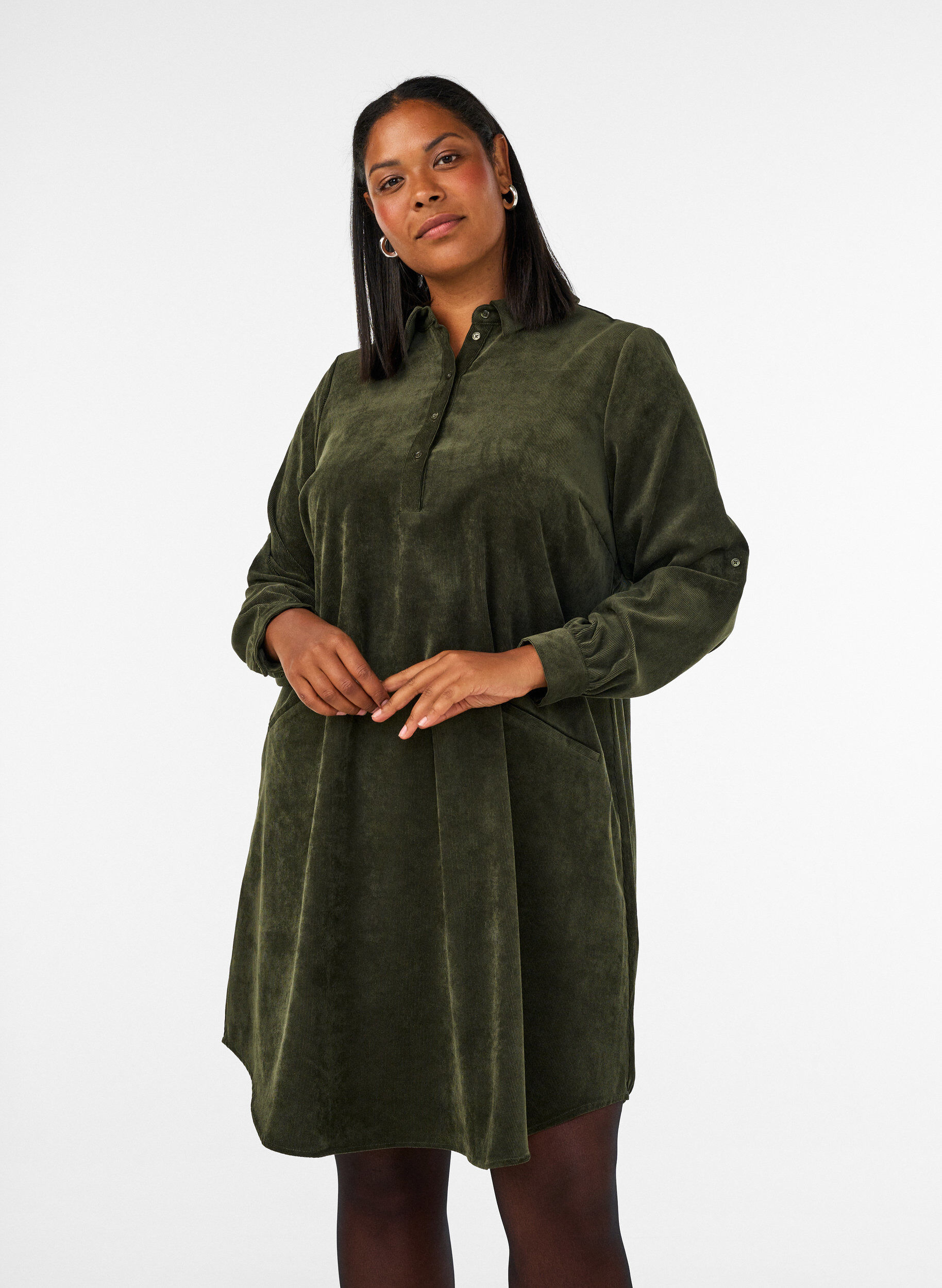 Corduroy overhemdjurk met kraag en knoopsluiting, Groen, Model