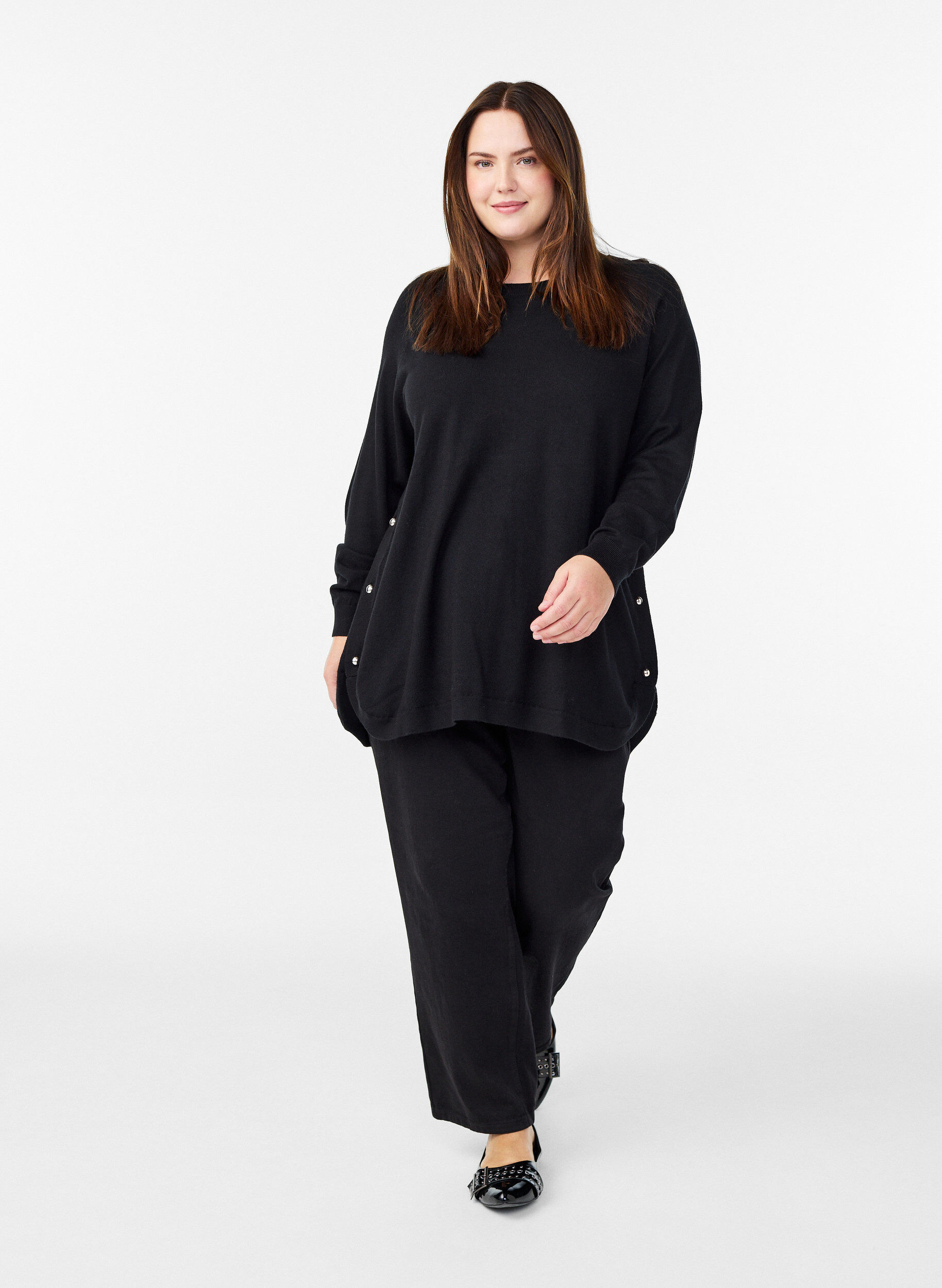 ZizziGebreide blouse met knopen aan de zijkant, Zwart, Model image number 1