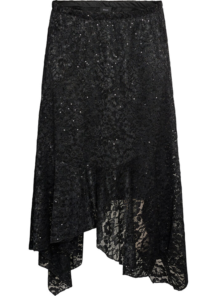 Kanten midirok met pailletten, Zwart, Packshot image number 0