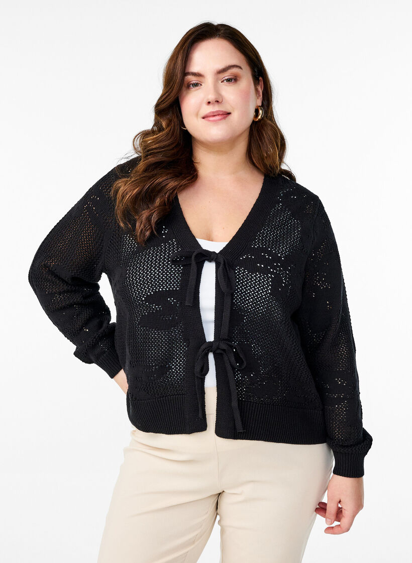 Gebreide cardigan met opengewerkt patroon en strikkoordjes, Black, Model image number 0