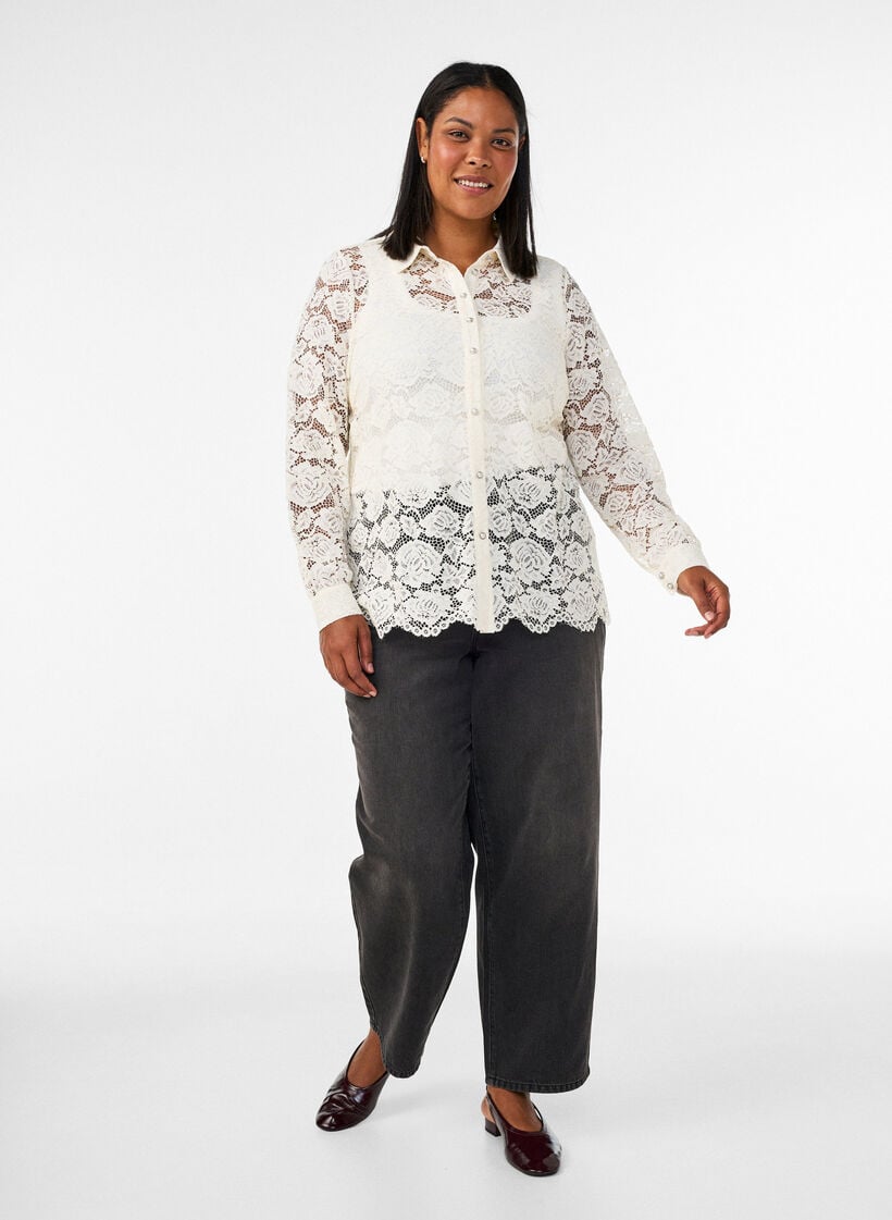 Kanten shirt met parelknopen, Vanille, Model image number 1