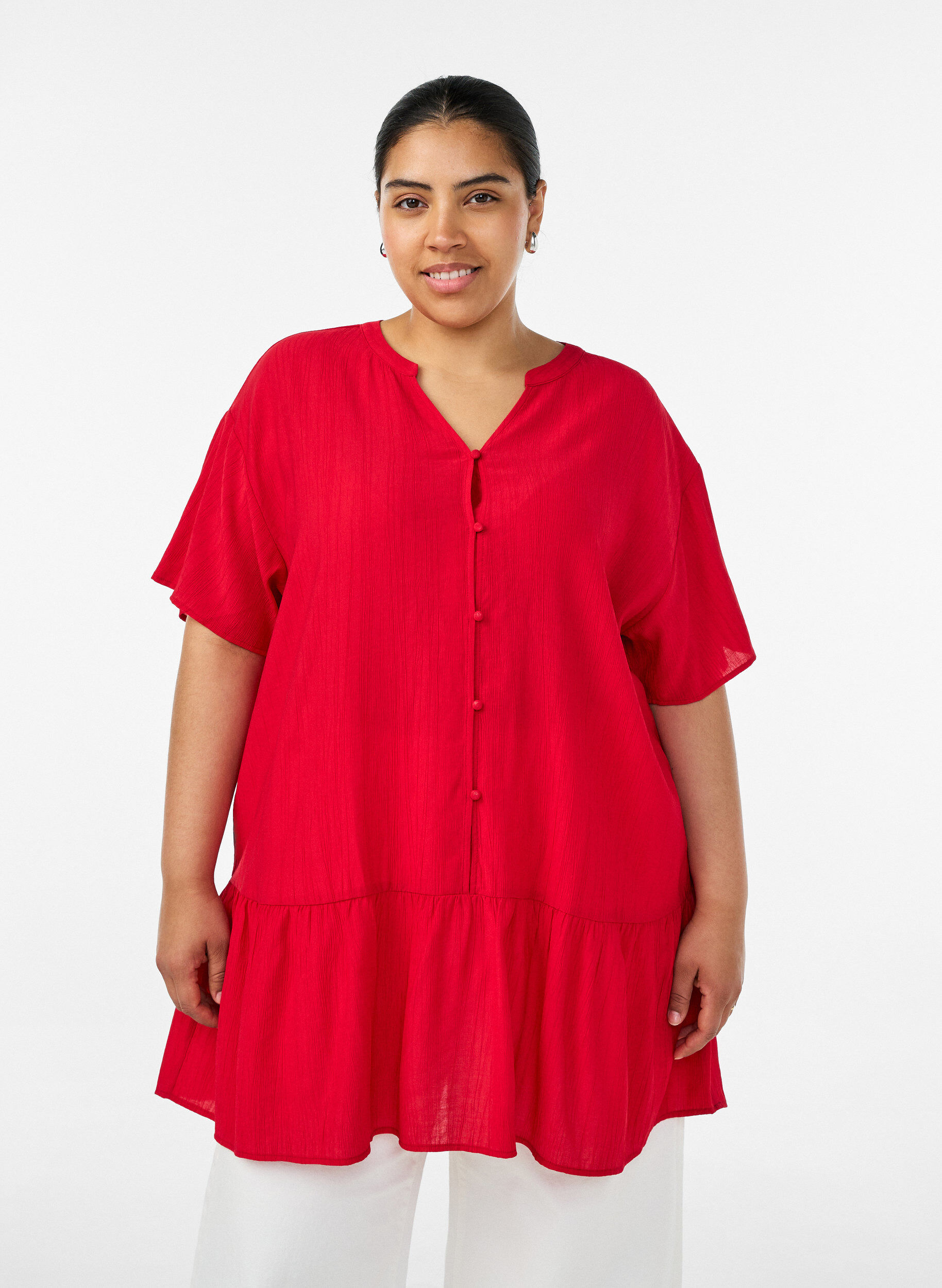 Losse tuniek met gekreukte structuur en rucherand, Rood, Model