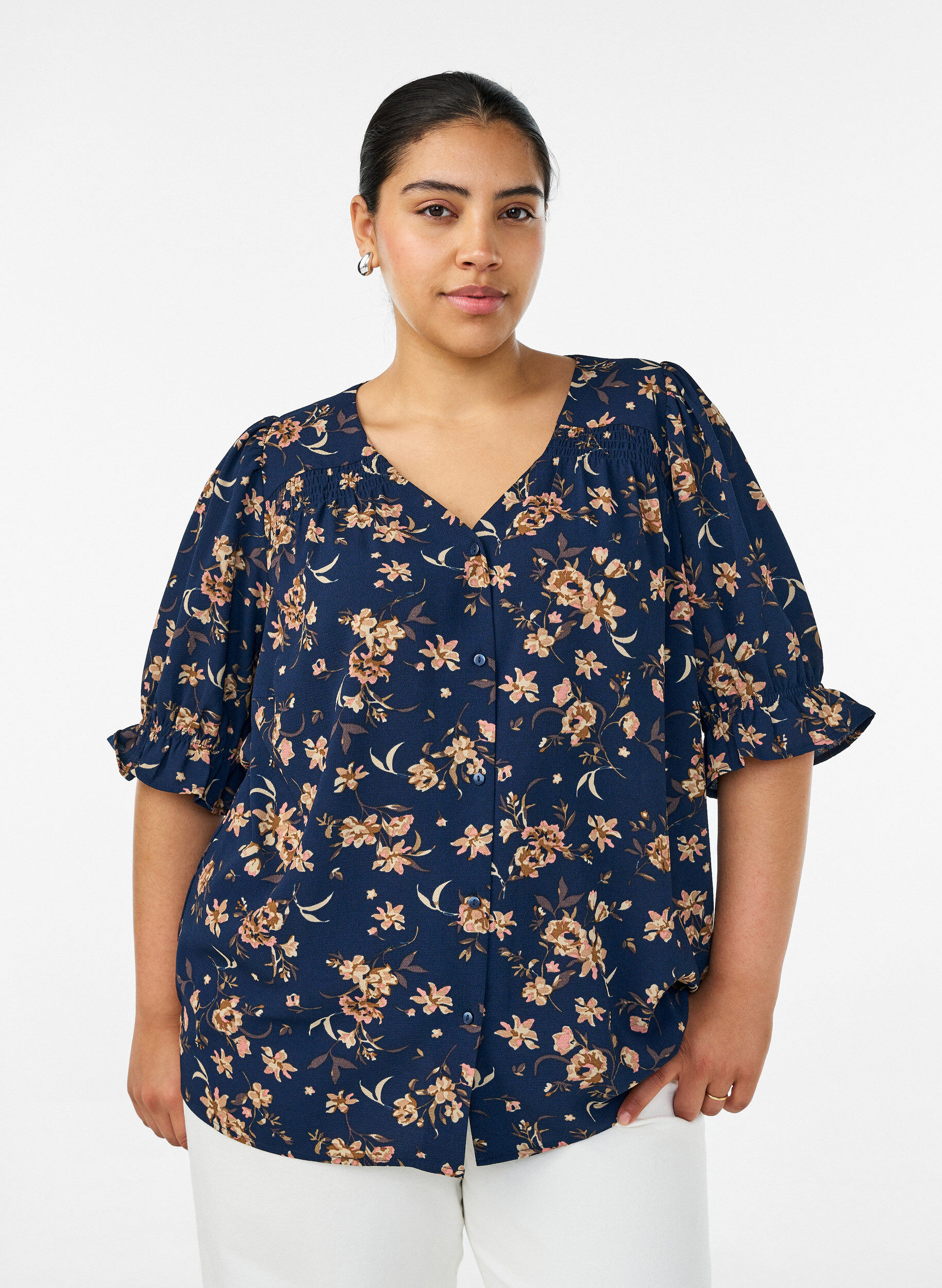 Shirtblouse met 1/2 mouwen, Blauw, Model