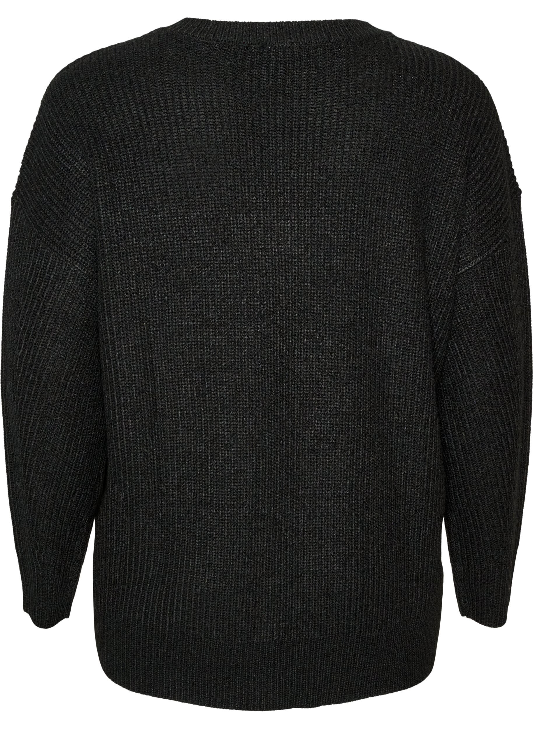ZizziLange ribgebreide blouse met V-hals, Zwart, Packshot image number 1