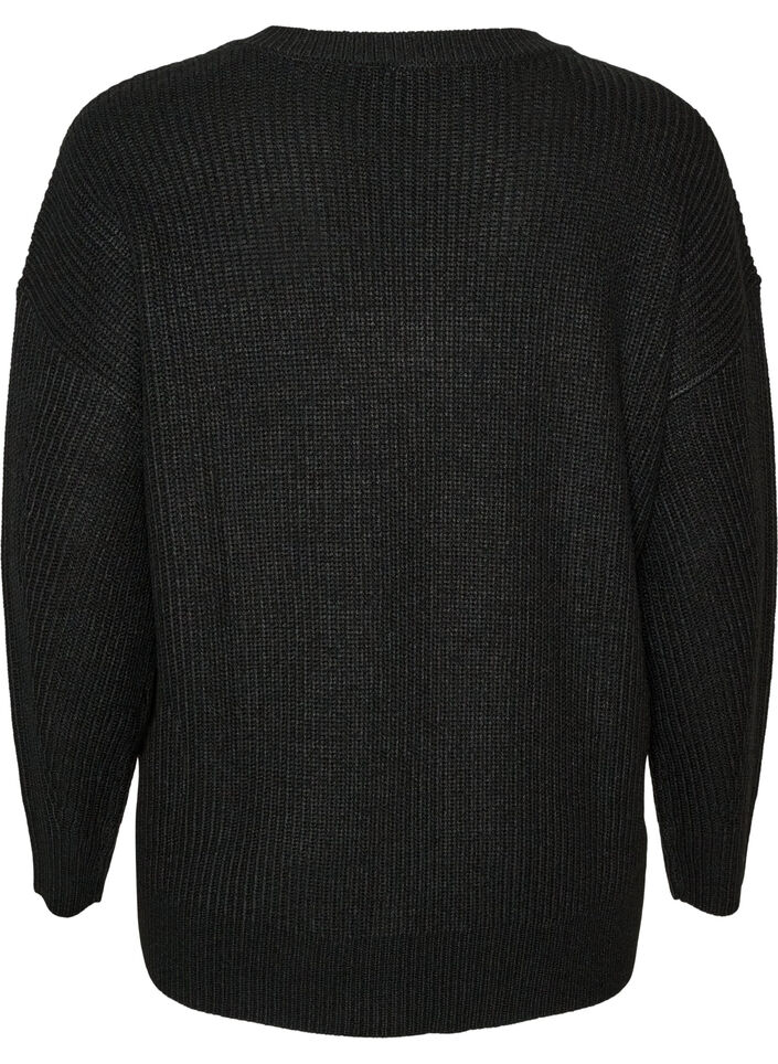 Lange ribgebreide blouse met V-hals, Zwart, Packshot image number 1