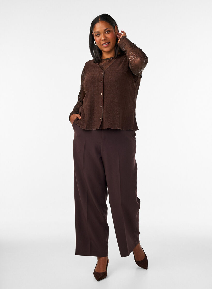 Op maat gemaakte broek met wijde pijpen en hoge taille, Bruin, Model image number 0