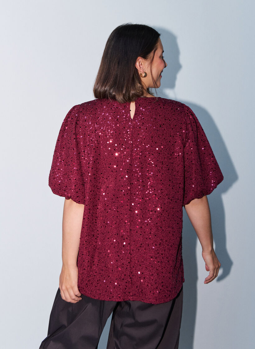 Blouse met pailletten en ballonmouwen, Rood, Model image number 2