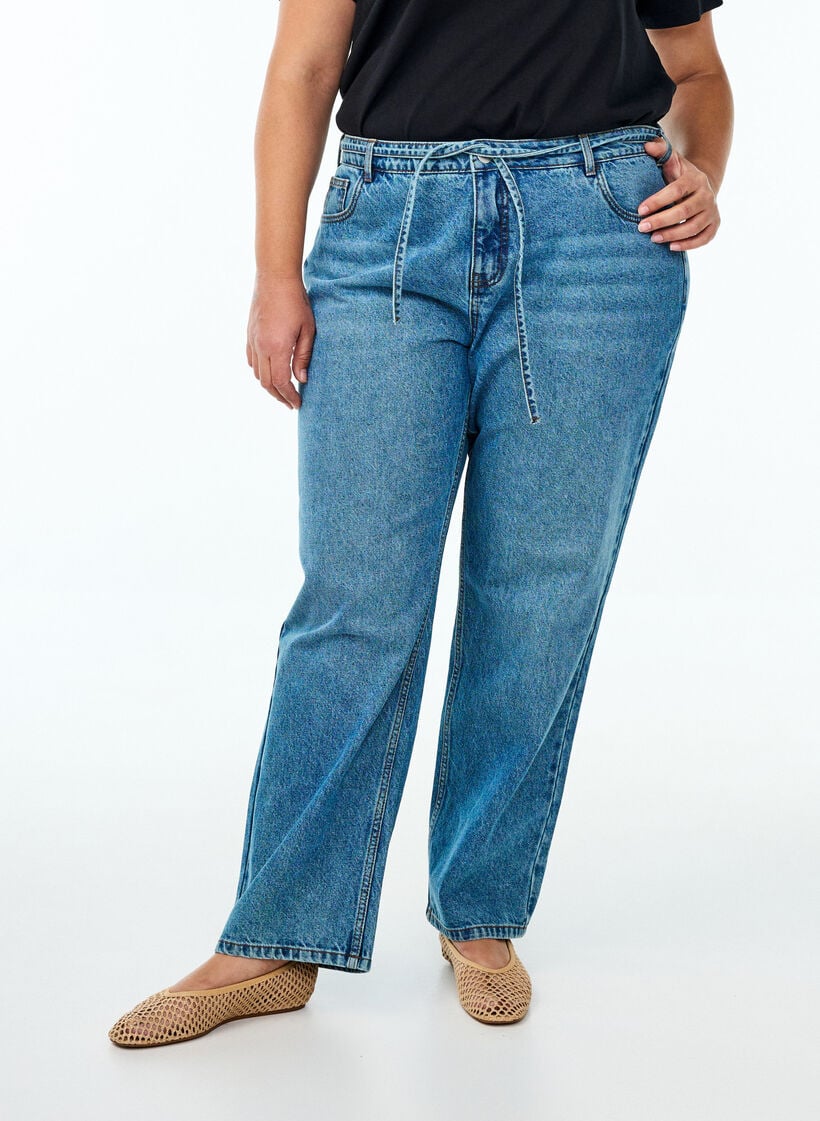 Straight-fit jeans met een strikceintuur, Blauw, Model