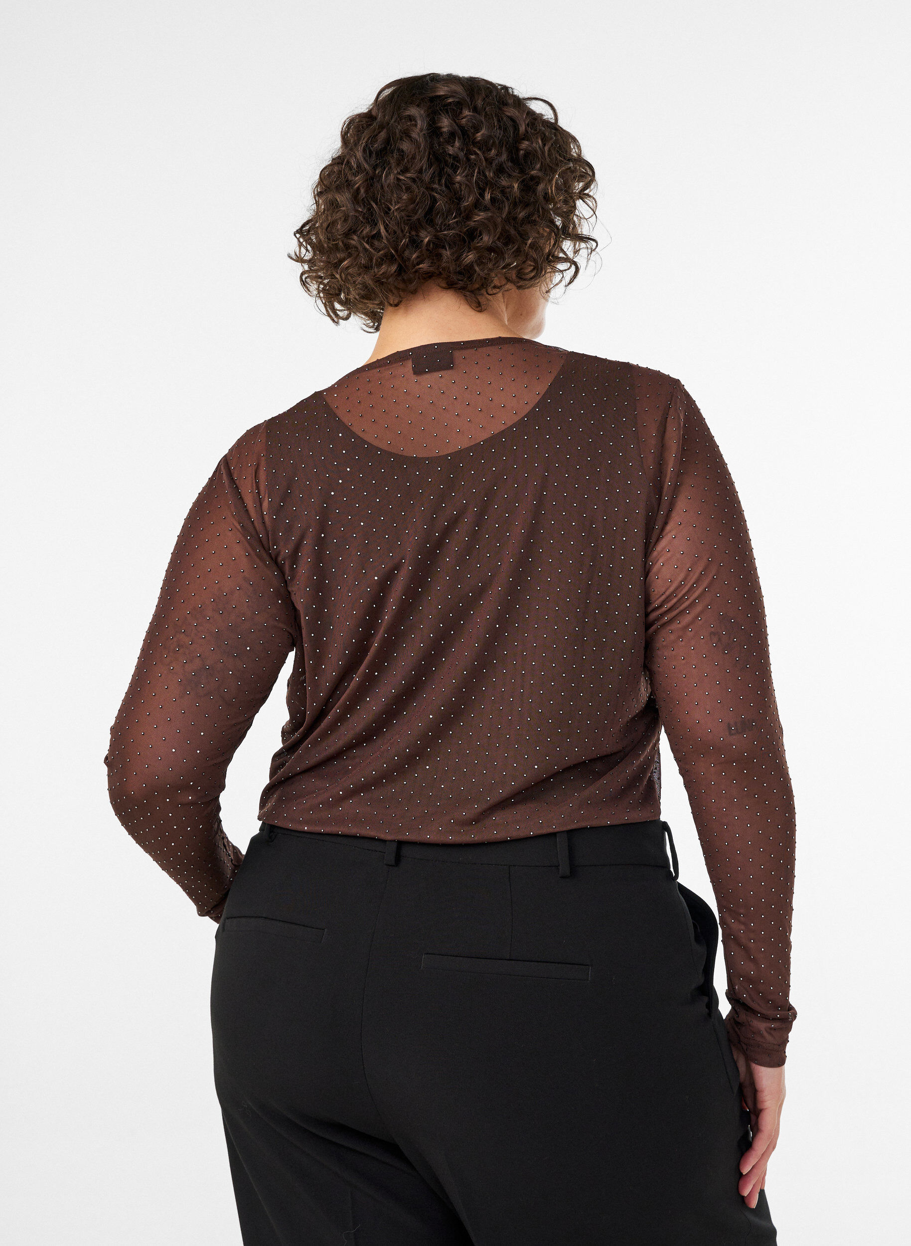 ZizziTransparante mesh blouse met strassteentjes, Bruin, Model image number 2