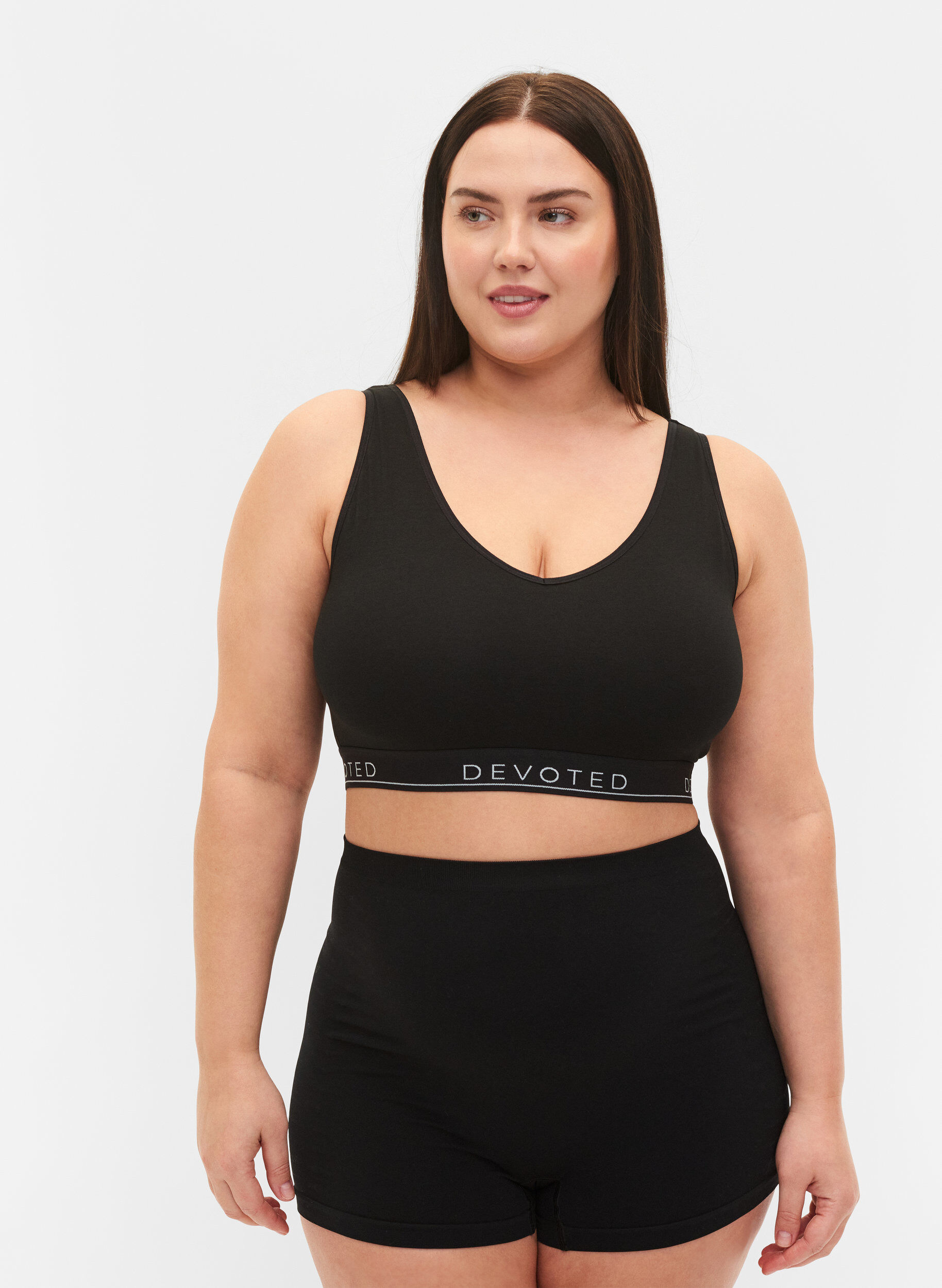 ZizziKatoenen beha met V-hals en tekstprint, Zwart, Model image number 1