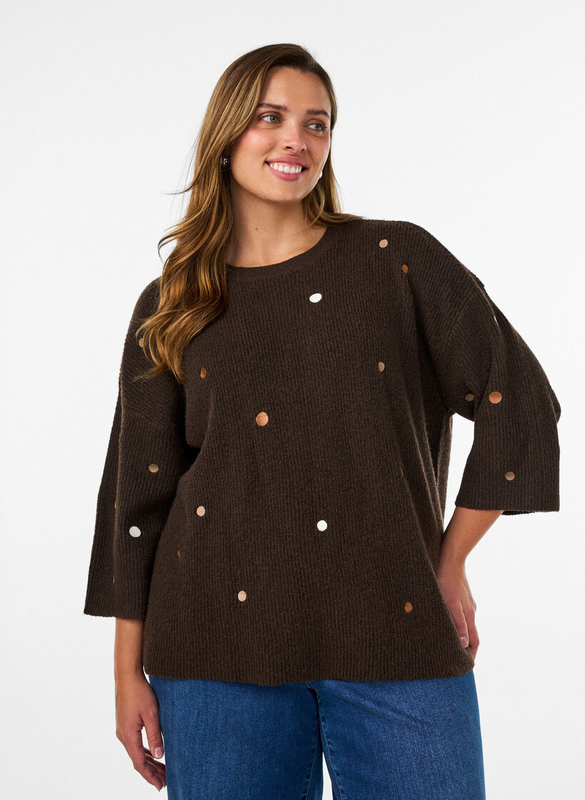 Gebreide blouse met kleine geborduurde motieven, Bruin, Model image number 0
