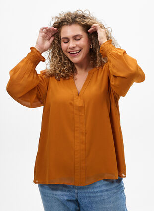 ZizziBlouse met doorschijnende mouwen en smockdetails, Pumpkin Spice, Model image number 0