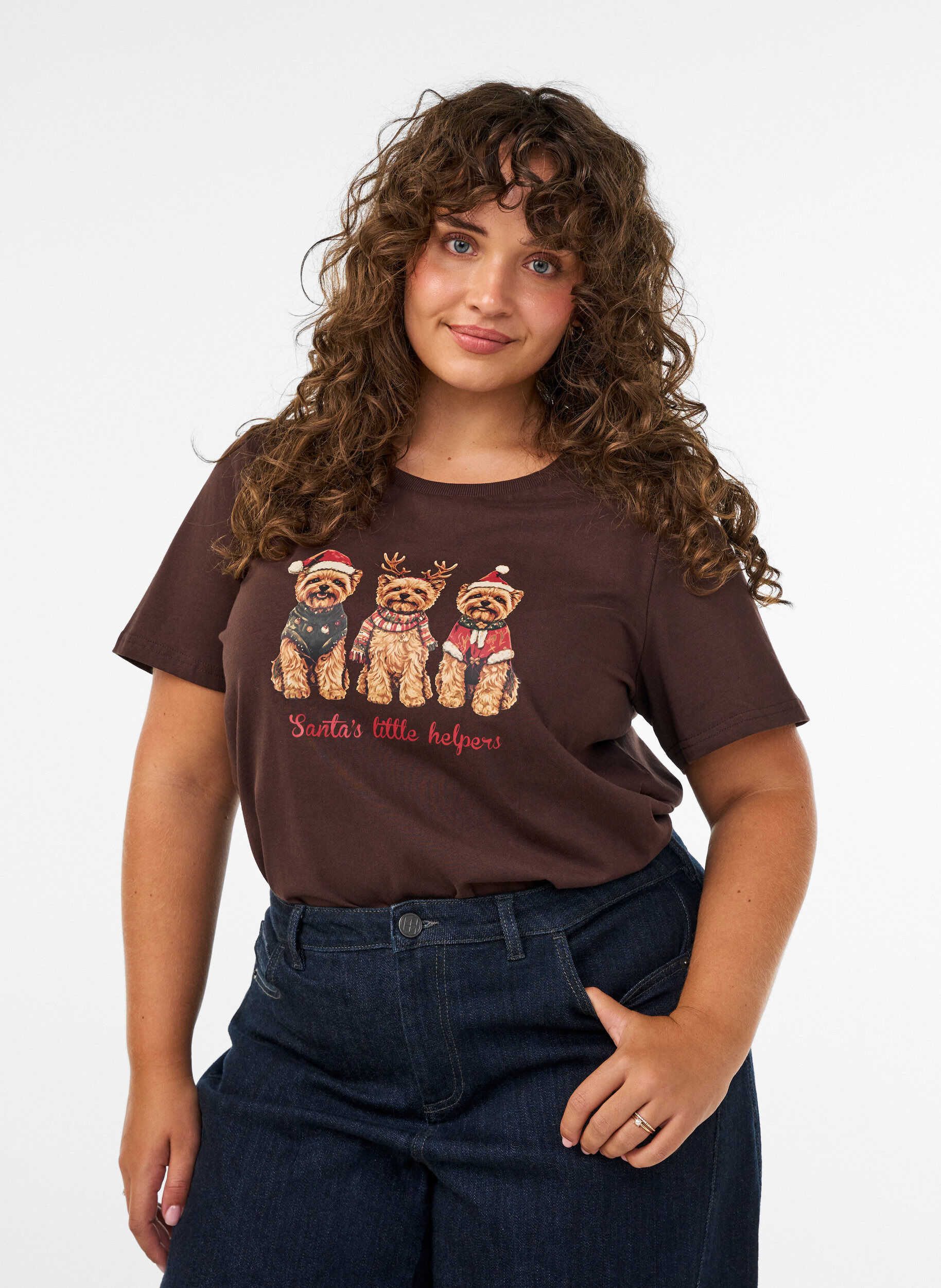 ZizziKerst T-shirt van biologisch katoen, Bruin, Model image number 0