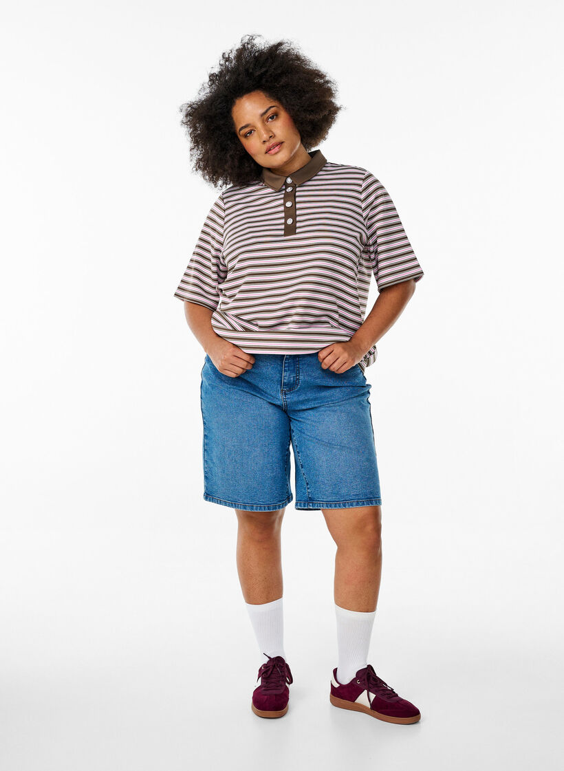 Gestreept poloshirt met korte mouwen en knopen, Bruin, Model image number 1
