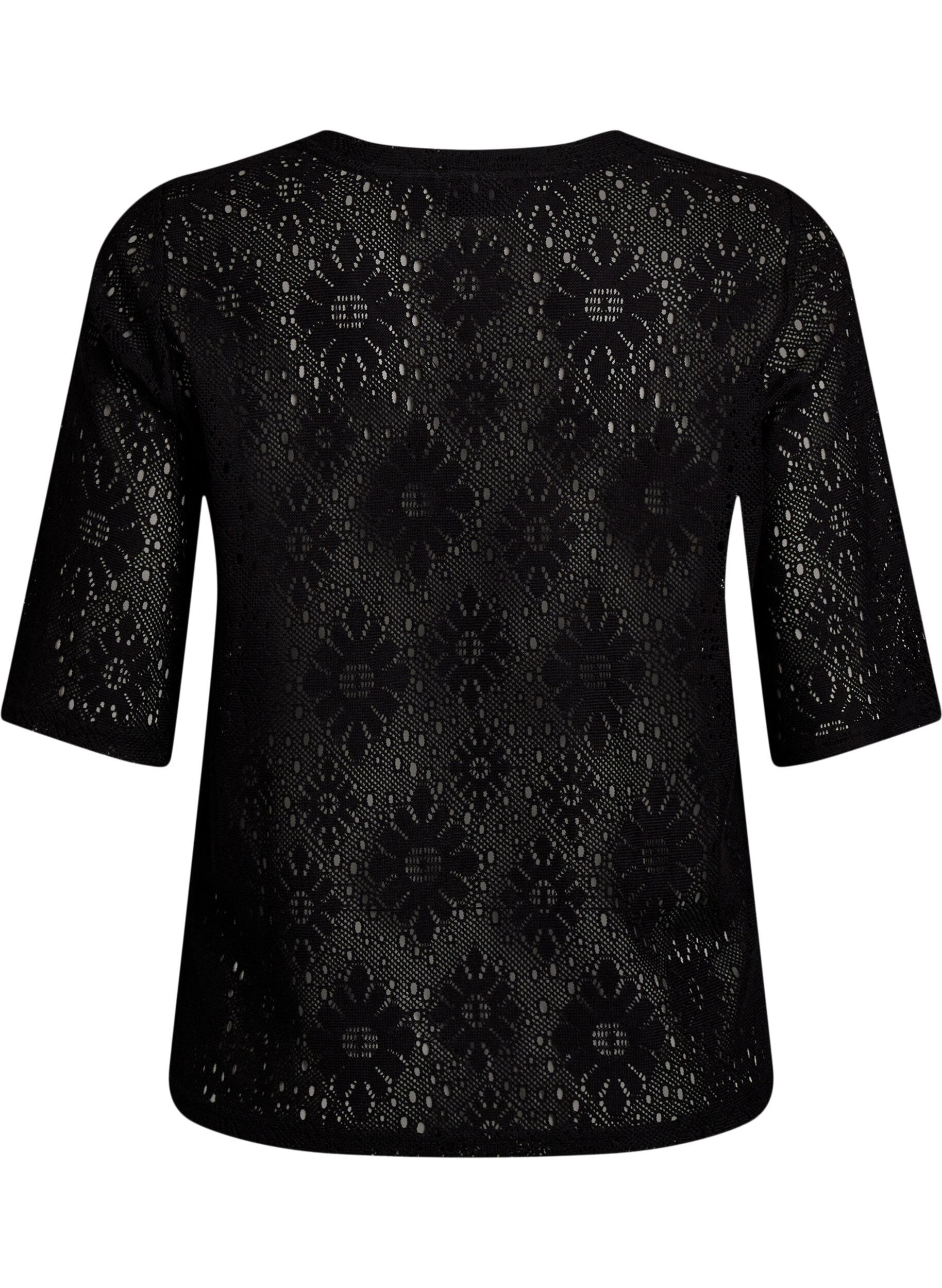 ZizziBlouse met kort mouwen en een opengewerkt patroon, Zwart, Packshot image number 1