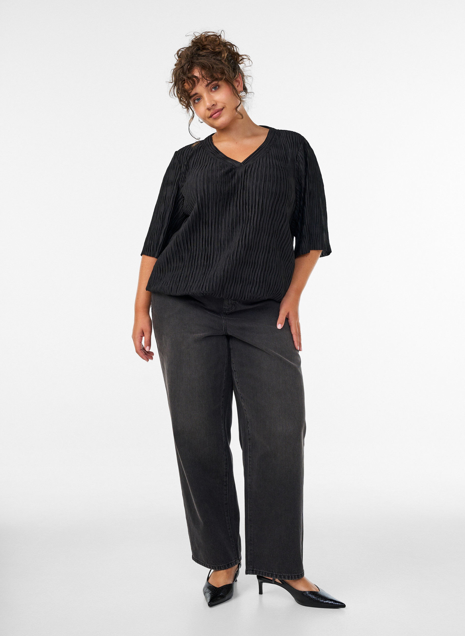 ZizziBlouse met golvende structuur en ballonvorm, Zwart, Model image number 1