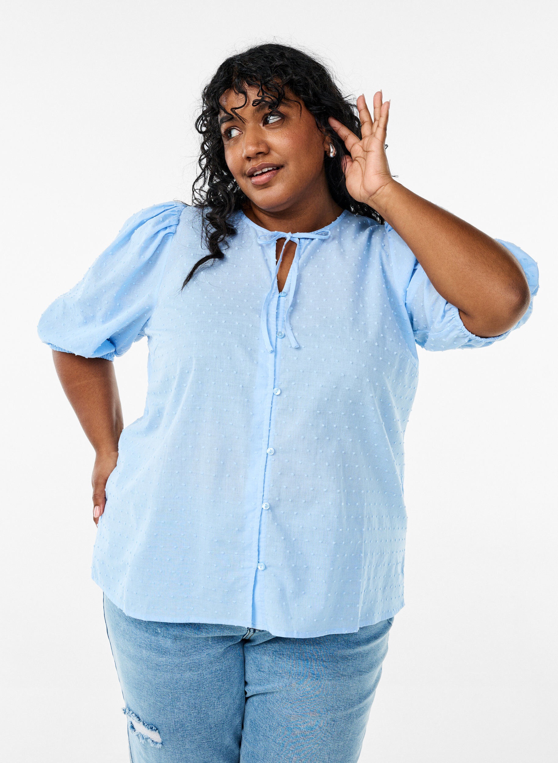 ZizziShirtblouse met strikkoord en gestippelde textuur, Blauw, Model image number 3