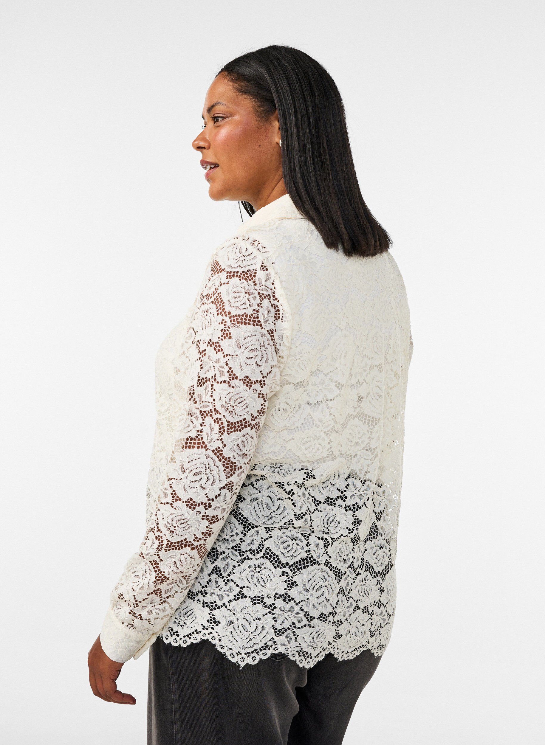 ZizziKanten shirt met parelknopen, Vanille, Model image number 2