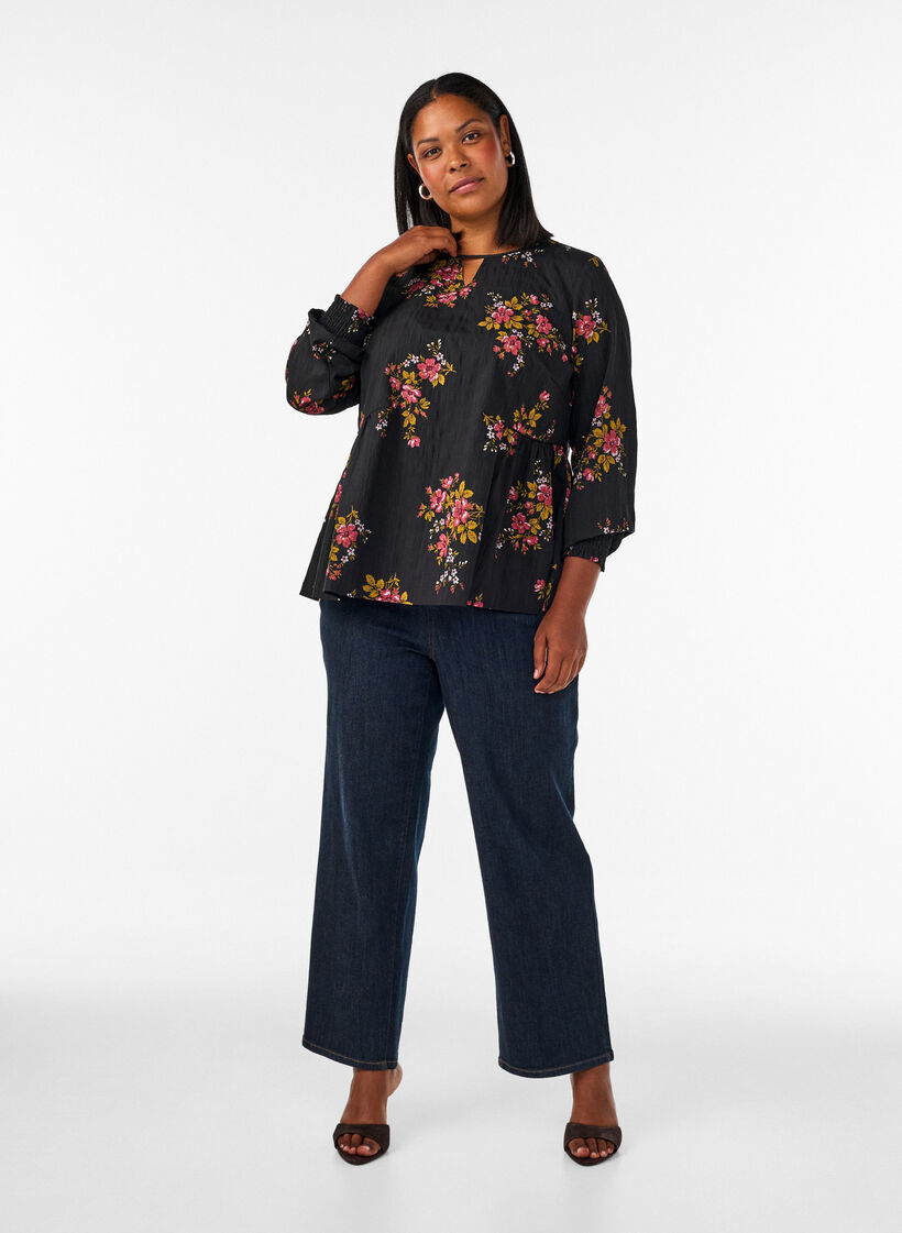 Blouse met lange mouwen en bloemenprint, Zwart, Model image number 1