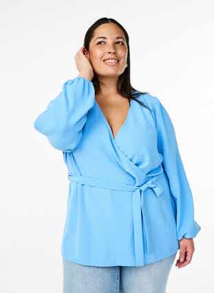 ZizziOmslagblouse met lange mouwen en striksluiting, Della Robbia Blue, Model image number 0