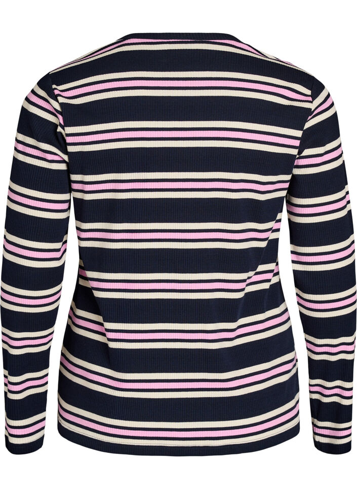 Nachtbovenstuk met lange mouwen in geribde jersey met strepen, Blauw, Packshot image number 1