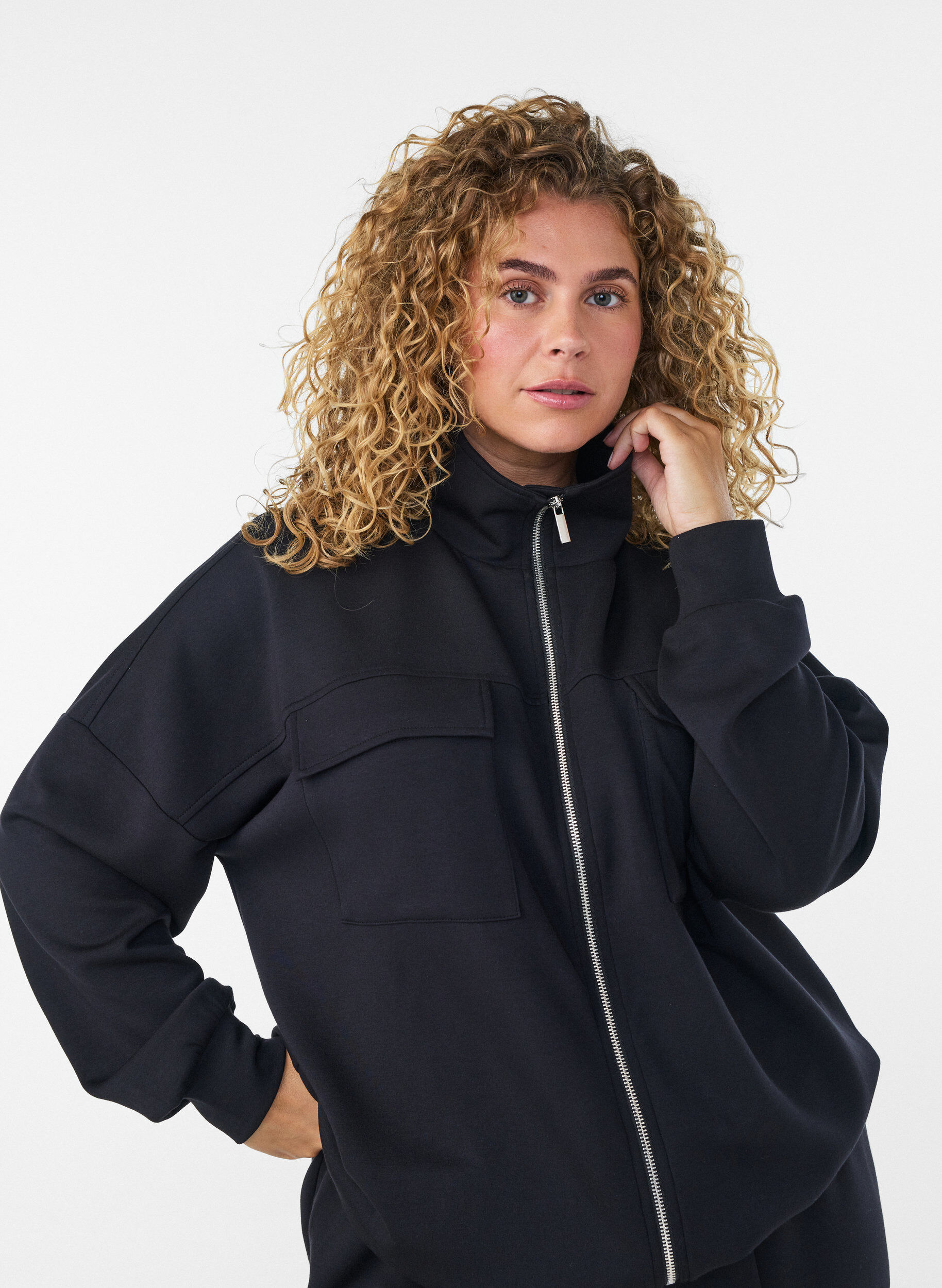 ZizziJersey vest met rits en hoge kraag, Zwart, Model image number 3