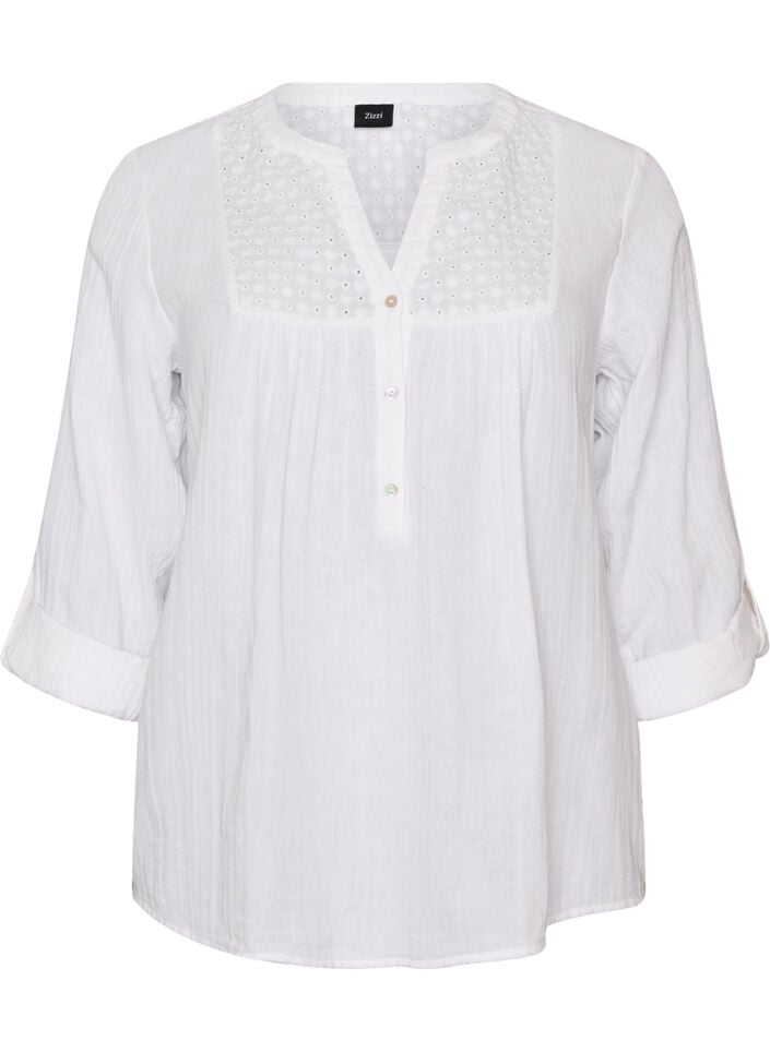 Blouse in katoenen mousseline met broderie anglaise, Wit, Packshot image number 0
