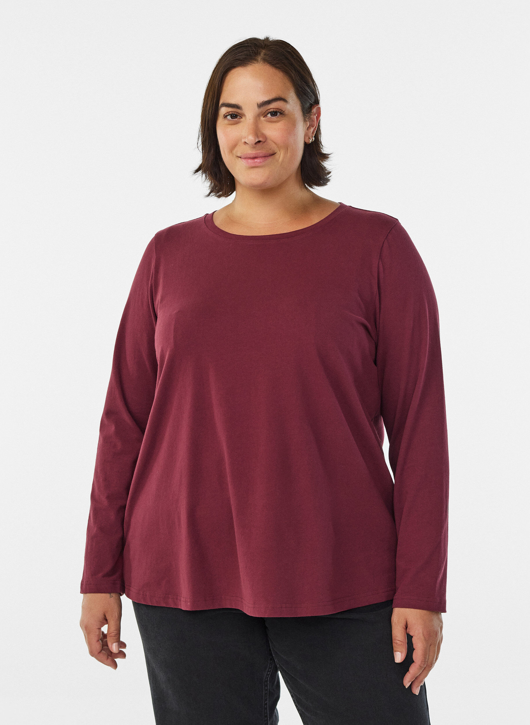 Basic jerseyblouse met lange mouwen, Donker Bordeaux, Model