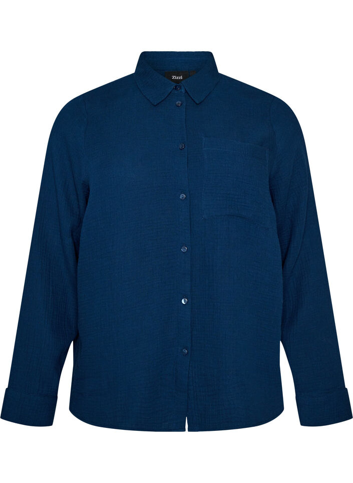 Chemise de nuit &agrave; manches longues en mousseline de coton, Bleu, Packshot image number 0