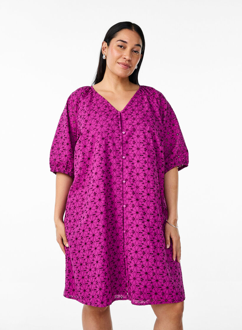 Korte jurk met geborduurd bloemenpatroon, Vivid Viola, Model