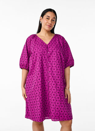 ZizziKorte jurk met geborduurd bloemenpatroon, Vivid Viola, Model image number 0