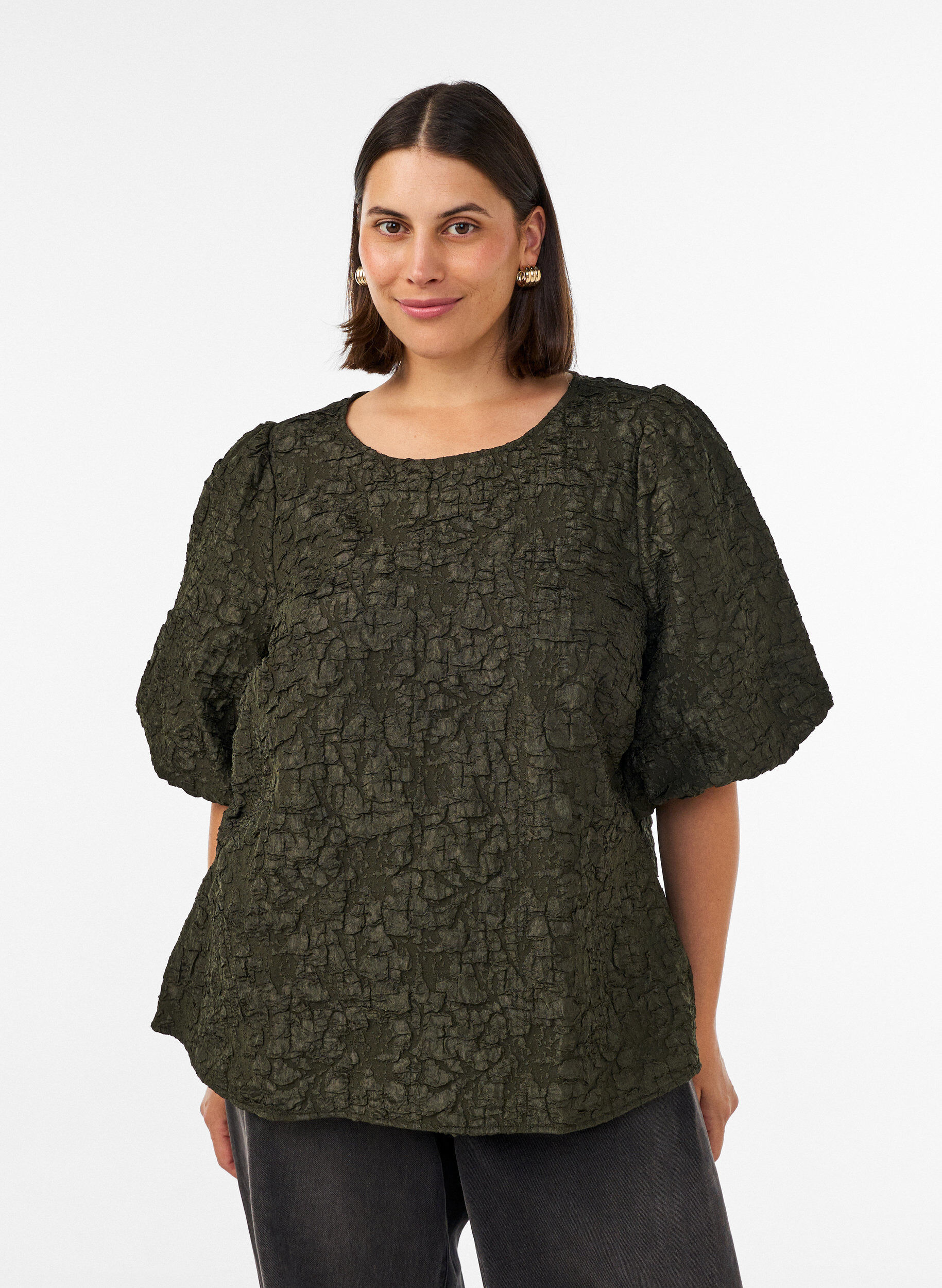 Jacquard blouse met pofmouwen en A-lijnvorm, Groen, Model