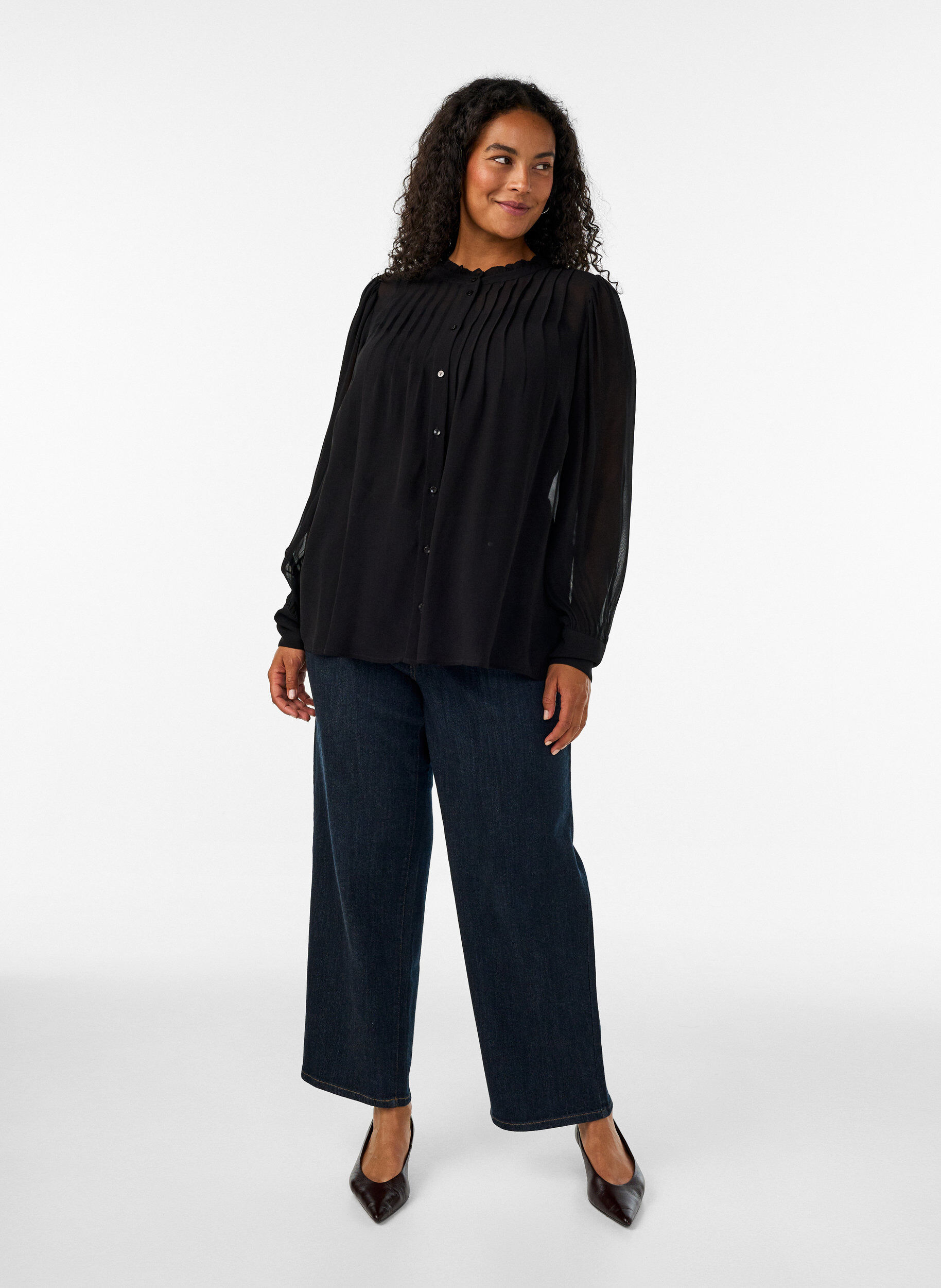 ZizziViscose blouse met een ruchekraag, Zwart, Model image number 1