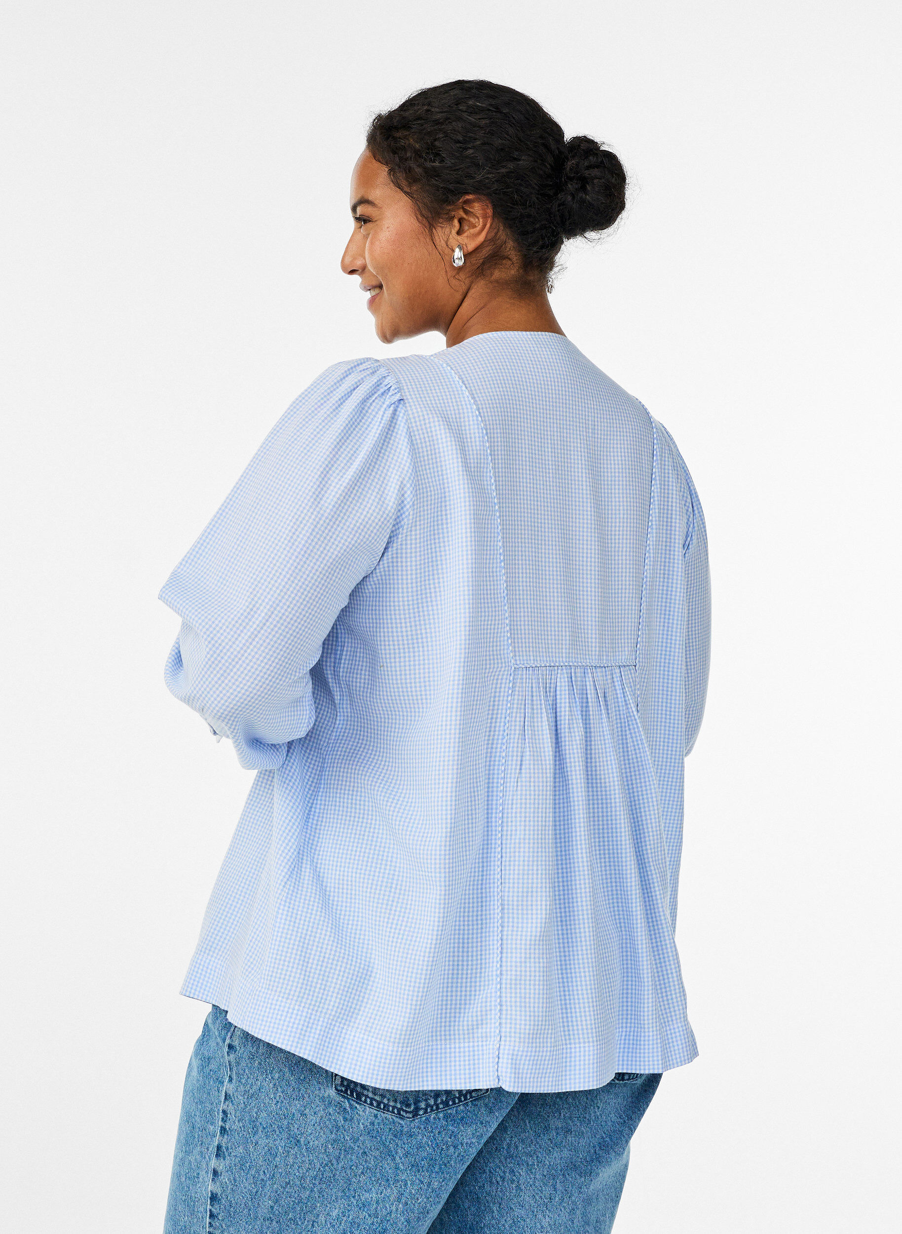 ZizziA-lijn geblokte blouse, Blauw, Model image number 2