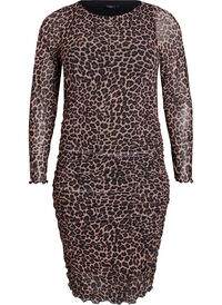 Korte jurk van mesh met luipaardprint, Bruin Korte jurk van mesh met luipaardprint