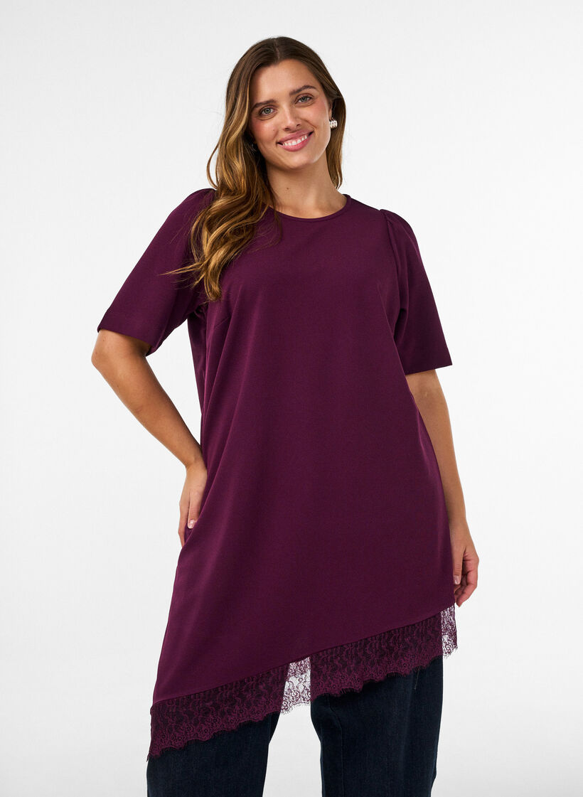 Tuniek met asymmetrische kanten rand, Paars, Model image number 0