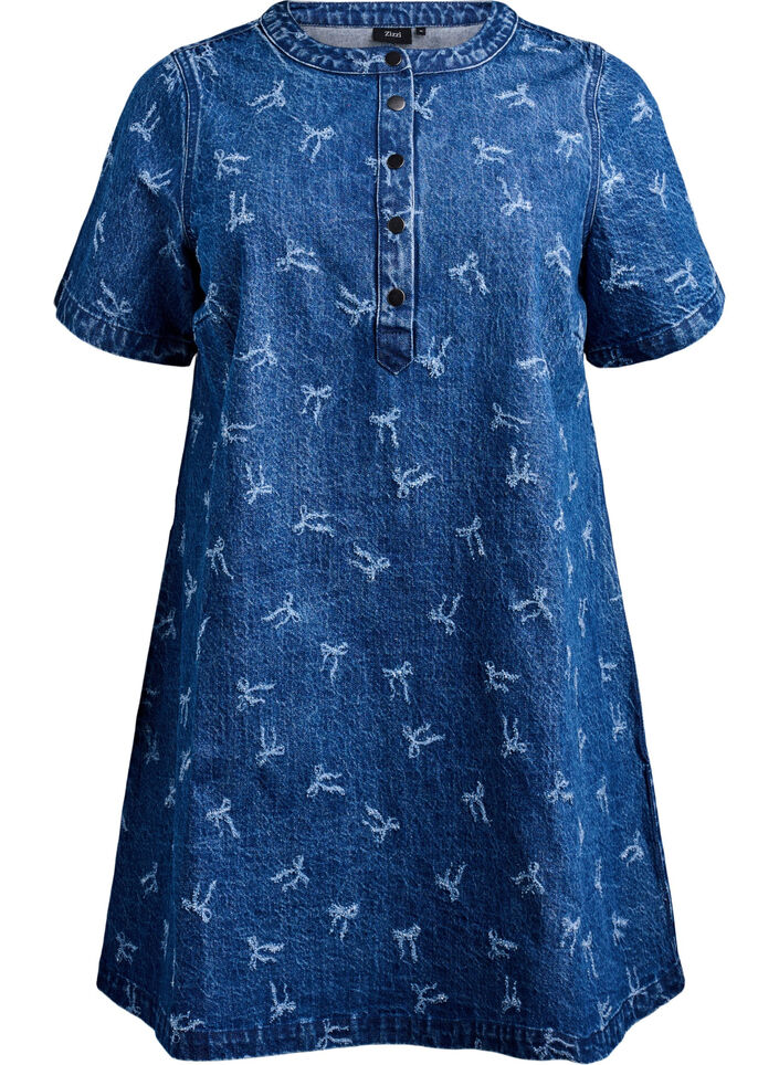 Korte denim jurk met een A-lijn snit en strikpatroon, Dark Blue Denim Bow, Packshot