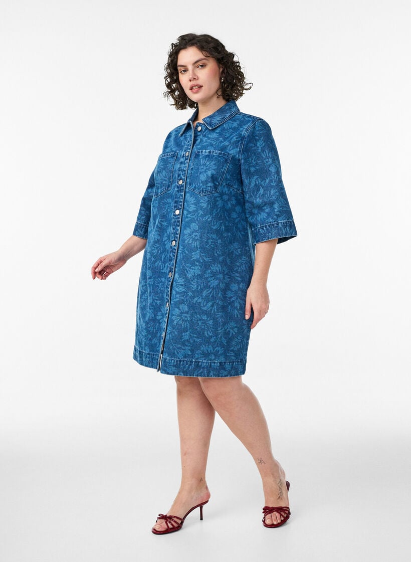 Robe en jean &agrave; imprim&eacute; floral avec poches poitrine, Bleu, Model image number 1