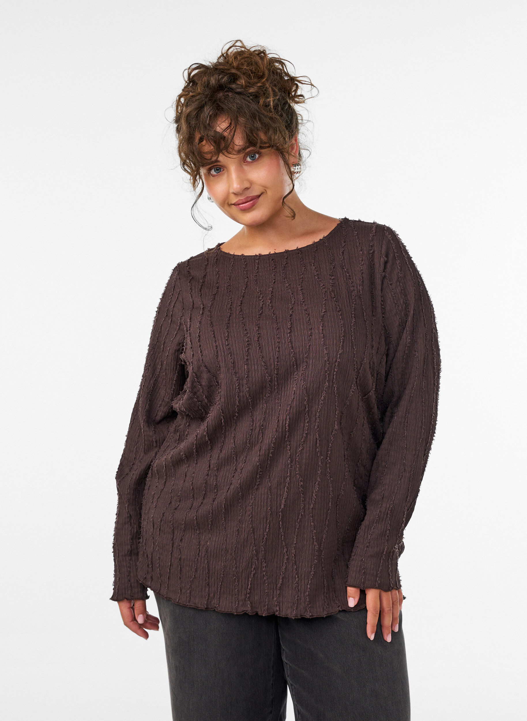 Jersey blouse met een golvende textuur, Bruin, Model